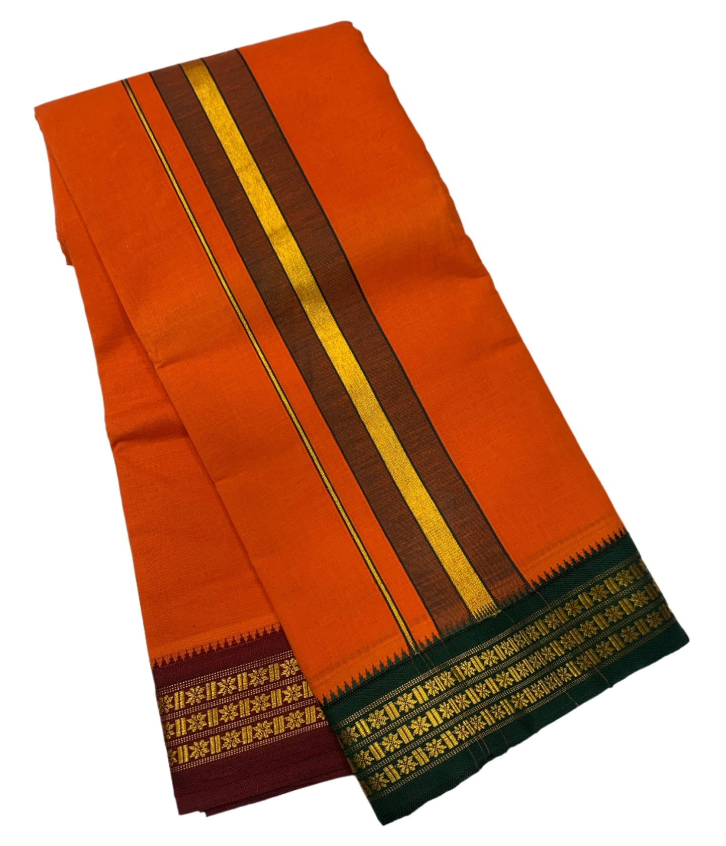 9X5 Cotton Dhoti Orange Colour with Green and Maroon Border