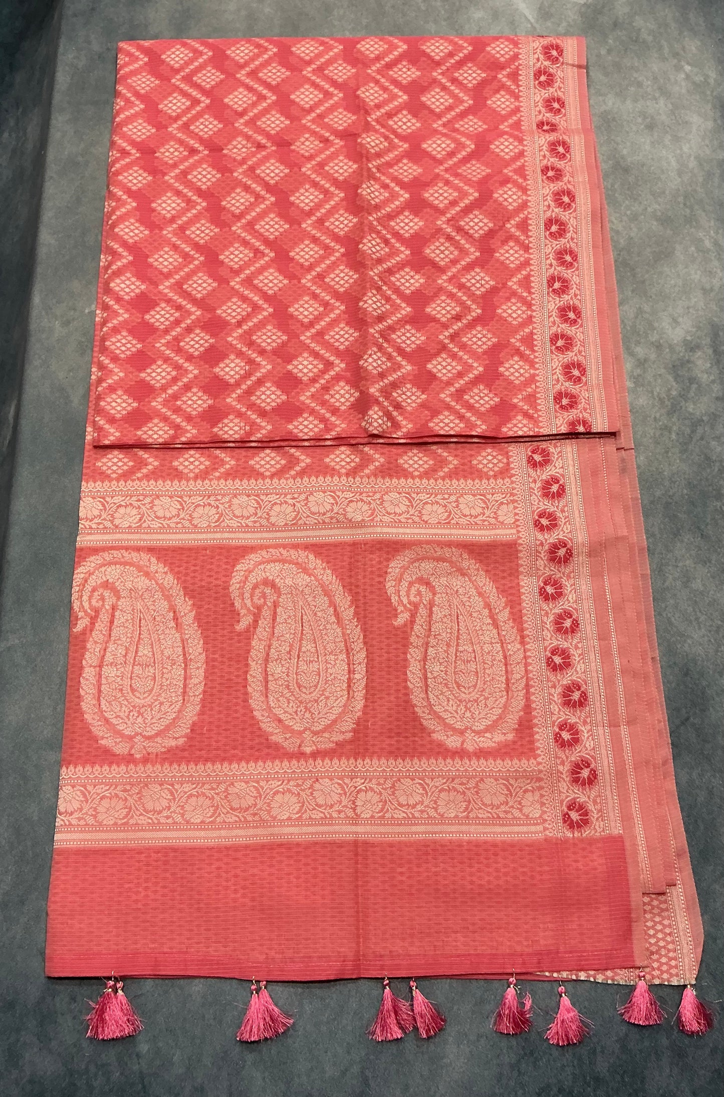 Chettinad Cotton Saree Peach Colour with Red Floral Motifs Sliver Zari Base Border