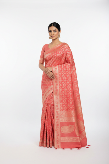 Chettinad Cotton Saree Peach Colour with Red Floral Motifs Sliver Zari Base Border