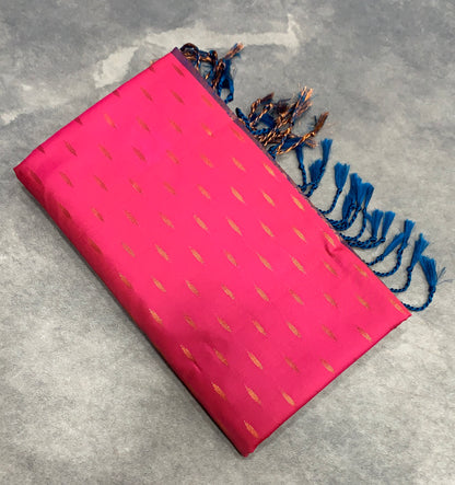 Soft Vegan Silk Saree Light Pink Colour with Sky Blue and Copper Border
