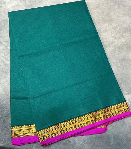 Chettinad Cotton Saree Rama Green Colour with Pink Colour with Thread Work Border