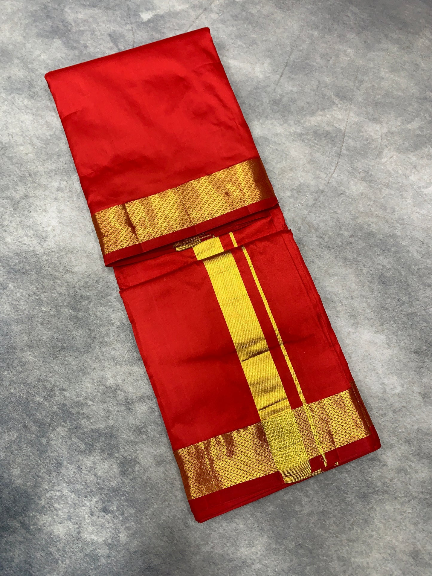 9X5 Pure Silk Dhoti Red with Large Golden Zari Border