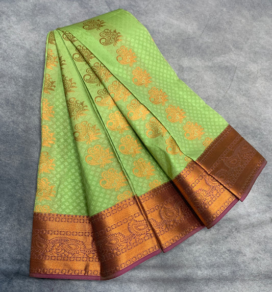 Vegan Silk Saree Light Green Colour Saree with Copper Border