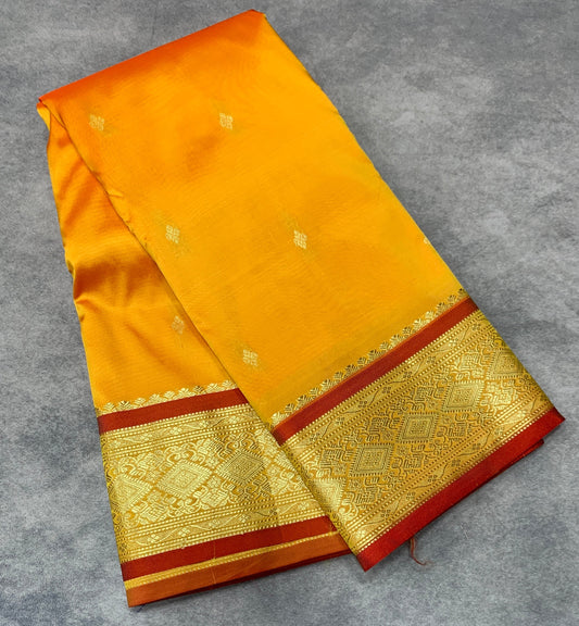 Mango Yellow Shade Saree with Golden and Red Border
