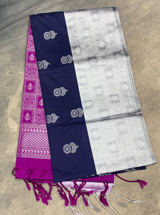 Art Silk Saree Navy Blue Colour with Sliver Zari Border