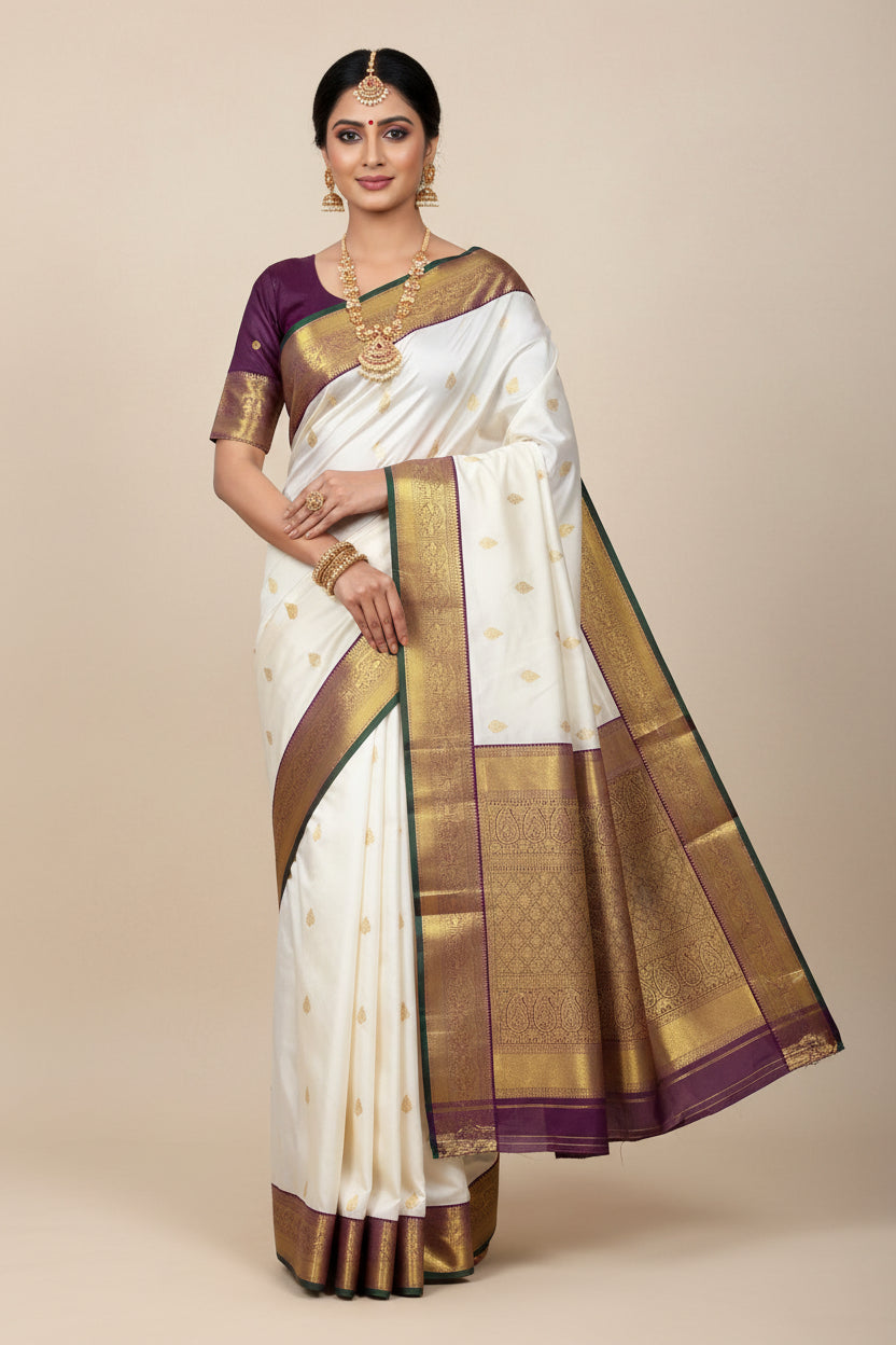 Pure Kanchipuram Silk Off White Colour with Magenta and Golden Zari Border
