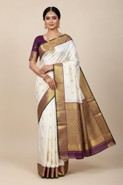 Pure Kanchipuram Silk Off White Colour with Magenta and Golden Zari Border