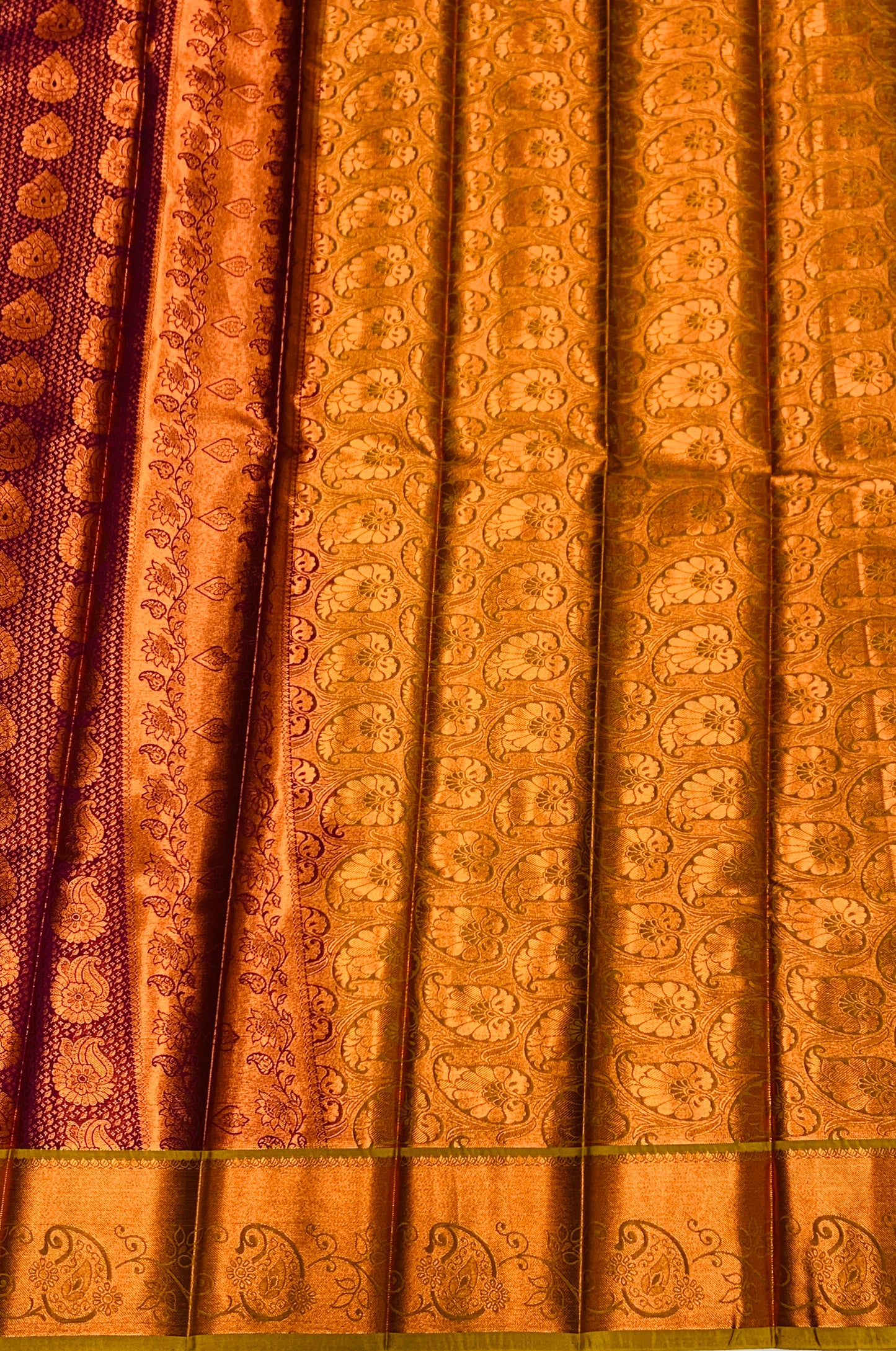 Vegan Silk Saree Maroon Colour with Copper and Golden Yellow Border