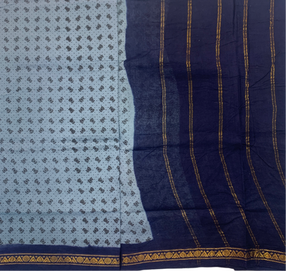 9 yards Cotton Saree Gray Colour with Navy Blue Border