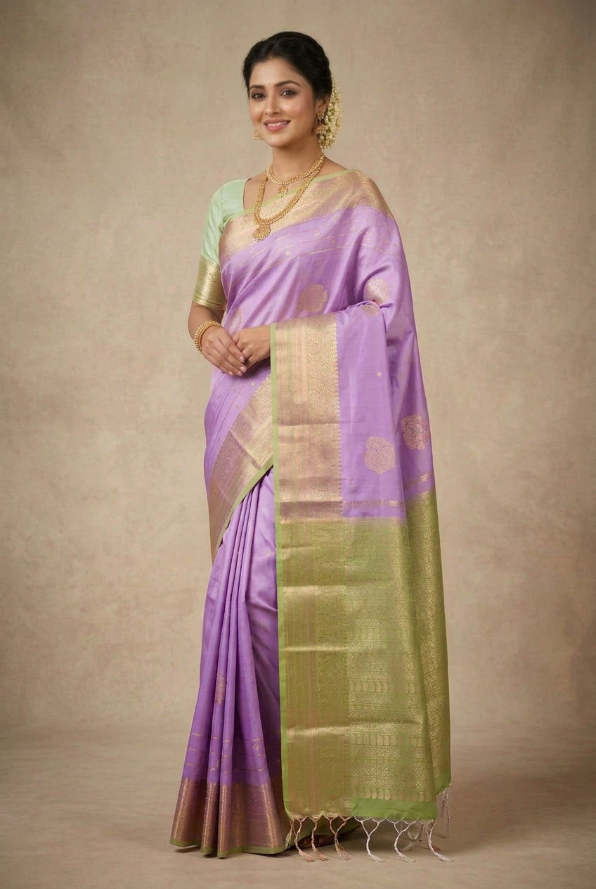 Art Silk Saree Lavender Colour with Sliver Zari Border