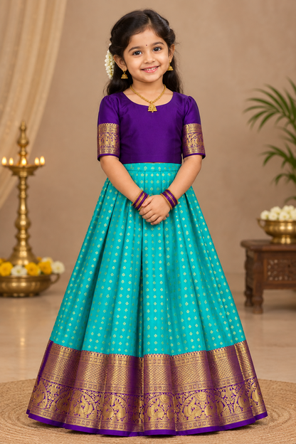 Sapphire Shade Pure Kanchipuram Kids Pattu Pavadai with Contrast Border for Age Above 10 Years