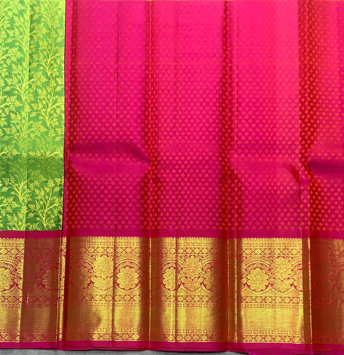 Parrot Green Shade Pure Kanchipuram Kids Pattu Pavadai with Contrast Border for Newborn to 2 Years