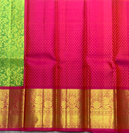 Parrot Green Shade Pure Kanchipuram Kids Pattu Pavadai with Contrast Border for Newborn to 2 Years