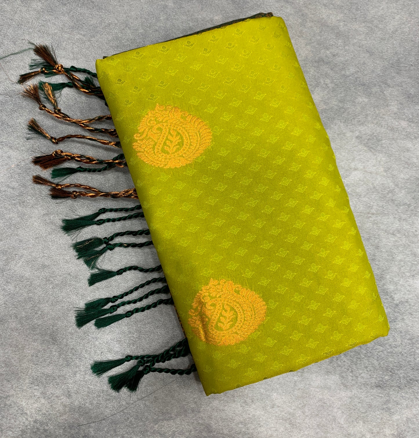 Soft Vegan Silk Saree Lime Green Colour with Green and Copper Border