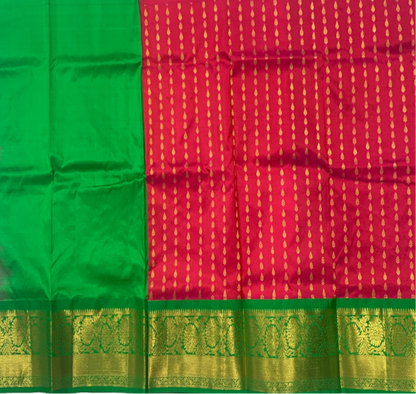 Red shade Pure Kanchipuram Kids Pattu Pavadai with contrast border for age 5 to 10