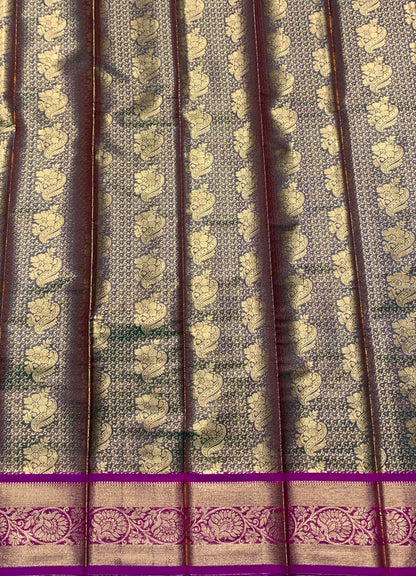 Vegan Silk Saree Olive Green Colour with Copper and Pink Border