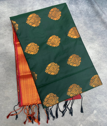 Soft Vegan Silk Saree Green Colour with Maroon and Copper Border