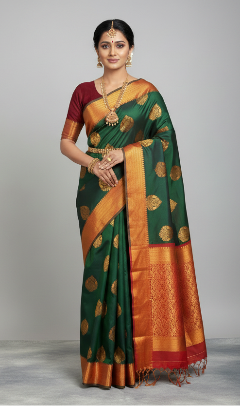 Soft Vegan Silk Saree Green Colour with Maroon and Copper Border
