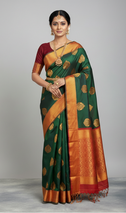 Soft Vegan Silk Saree Green Colour with Maroon and Copper Border