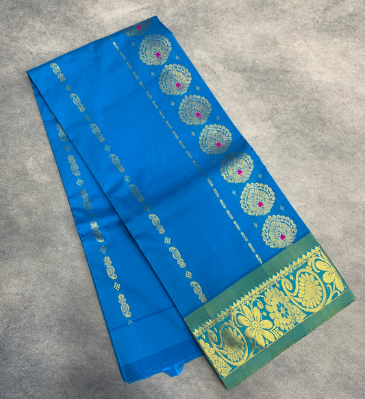 Sky Blue Shade Semi silk Kids Pattu Pavadai with Contrast border for age 5 to 10