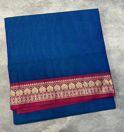 Chettinad Cotton Saree Blue Colour with Red Colour with Thread Work Border