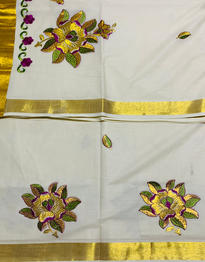 Kerala Cotton Saree Cream Colour with Floral Work Design