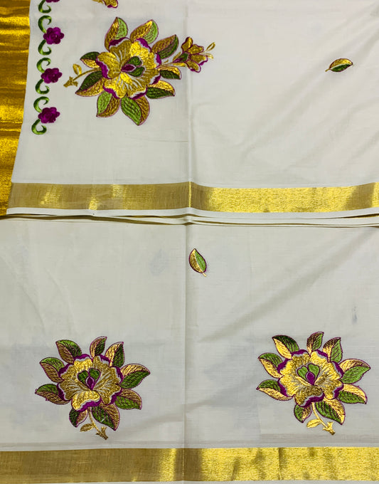 Kerala Cotton Saree Cream Colour with Floral Work Design