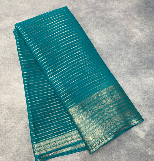 Georgette Saree Rama Green Colour with Sliver Floral Design Border