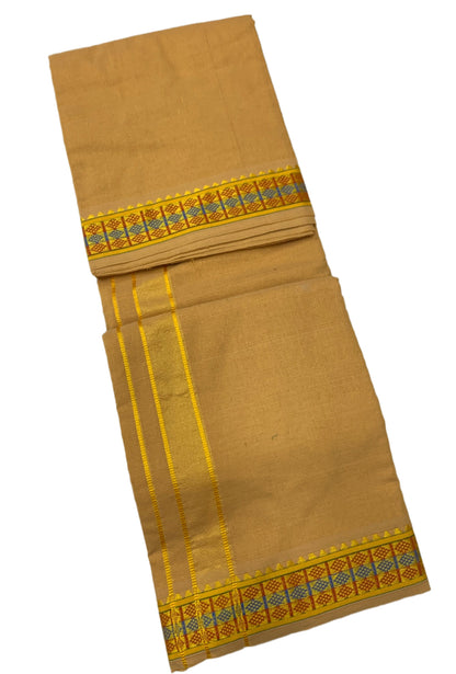 Mustard Yellow Dhoti with Red & Blue Diamond Border