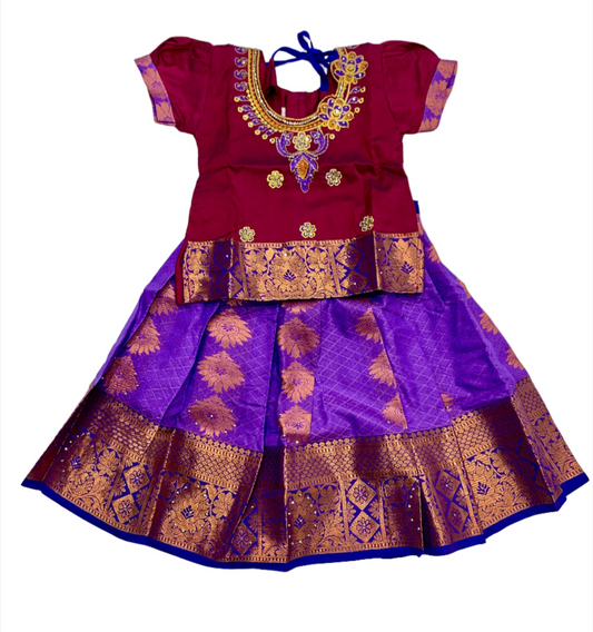 Ready To Wear Lavender Pavadai with contrast Maroon Blouse