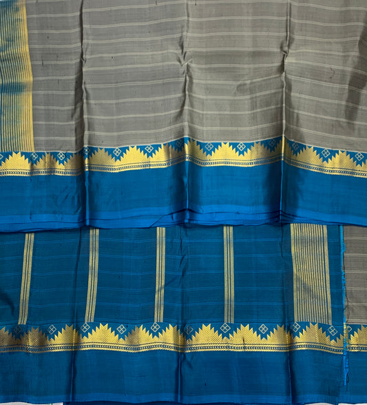 Pure Kanchipuram Silk Saree Gray shade with Blue Border