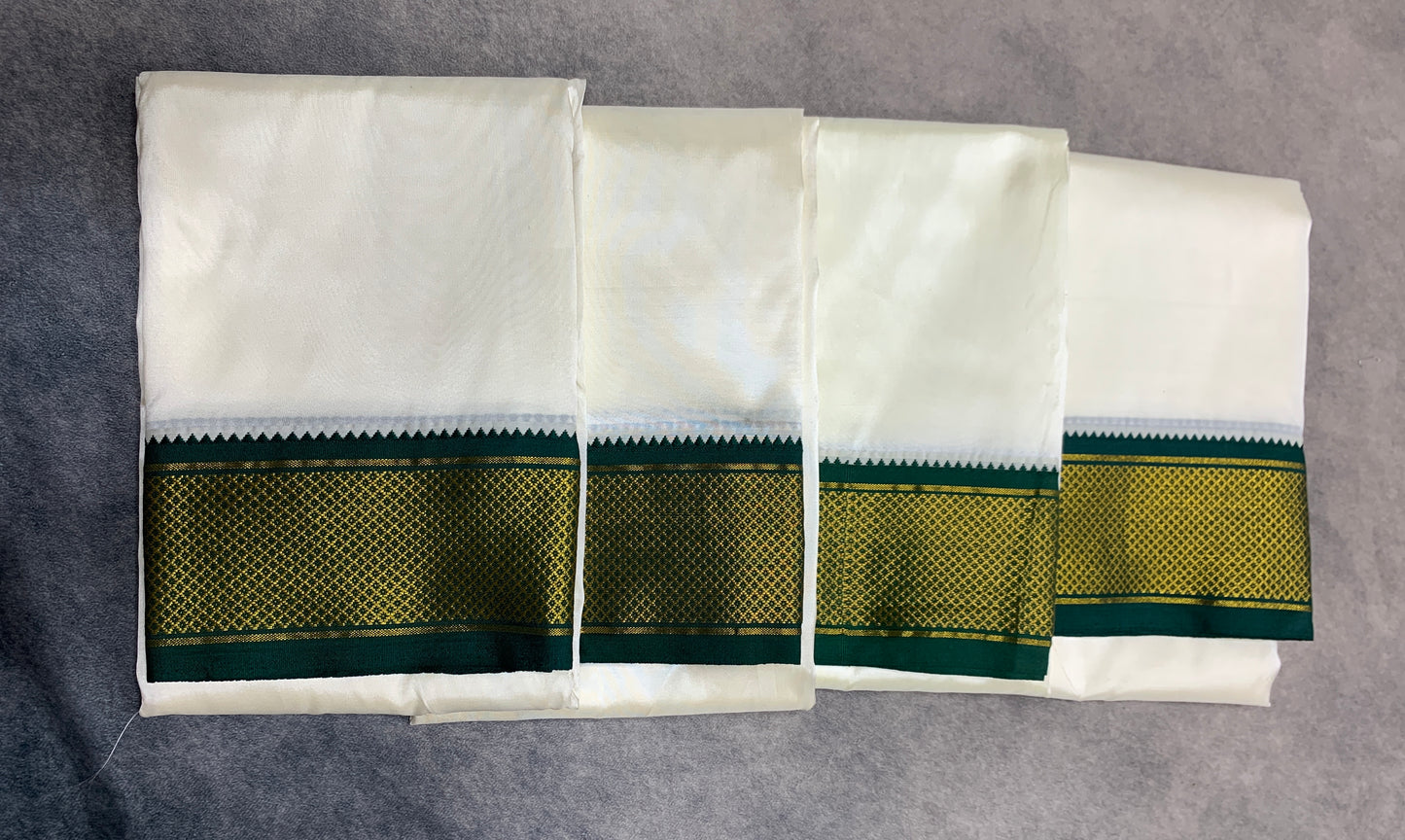Art Silk Pooja Towel Cream with Large Ganga Jamuna(Green/ Maroon) Border - Pack of 4