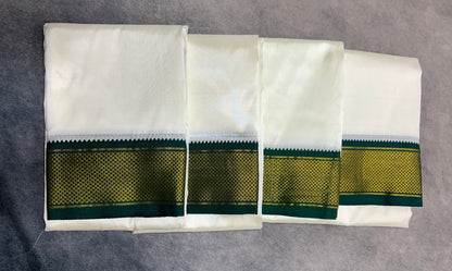 Art Silk Pooja Towel Cream with Large Ganga Jamuna(Green/ Maroon) Border - Pack of 4