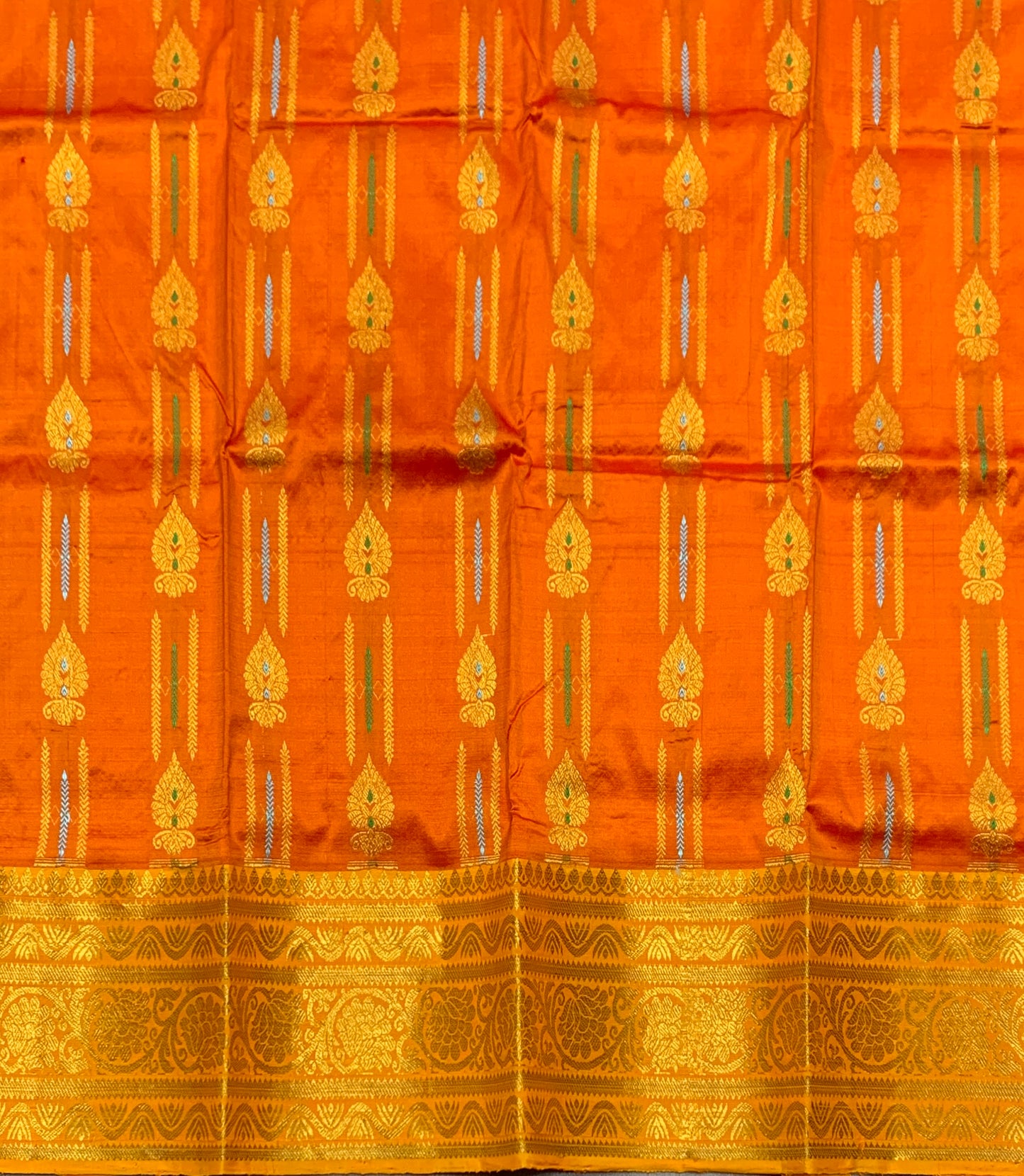 Orange Shade Pure Kanchipuram Kids Pattu Pavadai with Contrast Border for Newborn to 2 Years