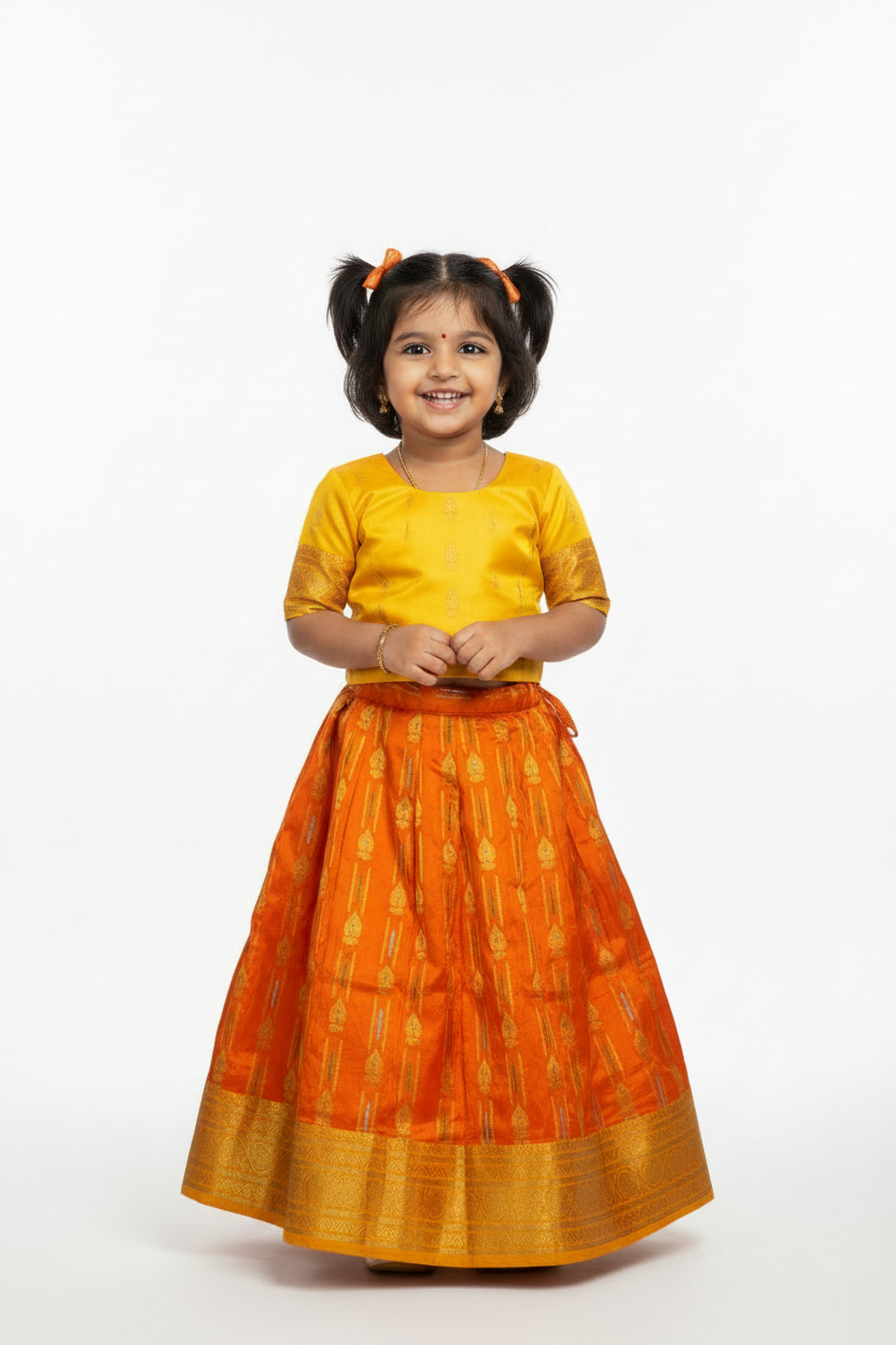 Orange Shade Pure Kanchipuram Kids Pattu Pavadai with Contrast Border for Newborn to 2 Years