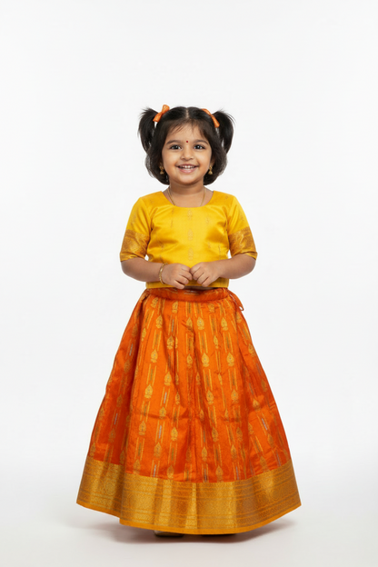 Orange Shade Pure Kanchipuram Kids Pattu Pavadai with Contrast Border for Newborn to 2 Years