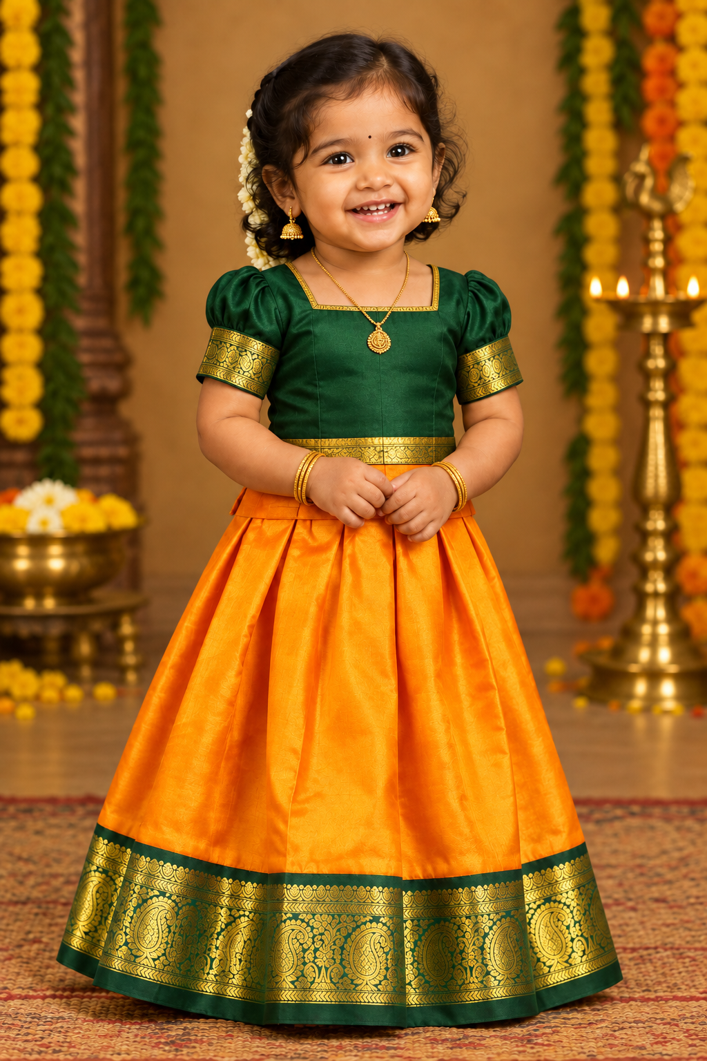 Mango Yellow Shade Pure Kanchipuram Kids Pattu Pavadai with Contrast Border for Newborn to 2 Years