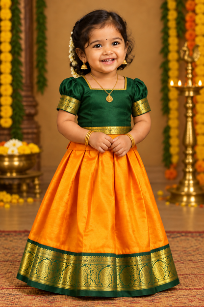 Mango Yellow Shade Pure Kanchipuram Kids Pattu Pavadai with Contrast Border for Newborn to 2 Years