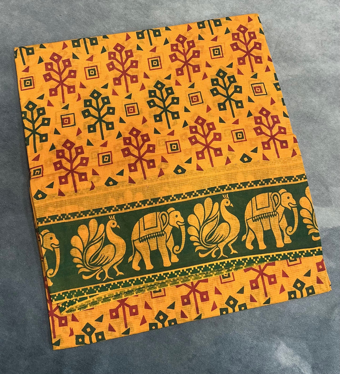 Chettinad Sungudi Cotton Mustard Yellow Colour with Bottle Green Colour Border