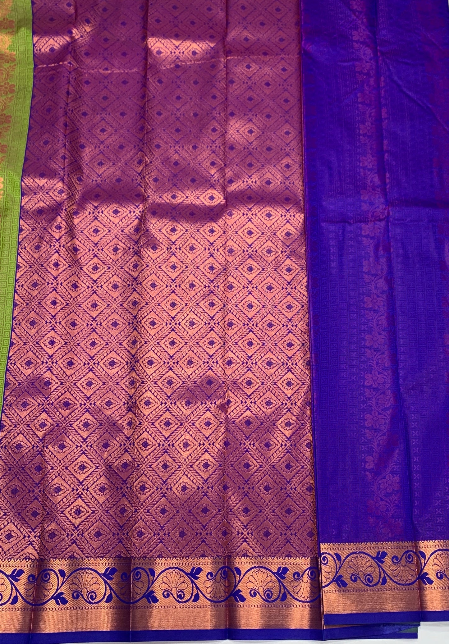 Vegan Silk Saree Olive Green Colour with Copper and Blue Border