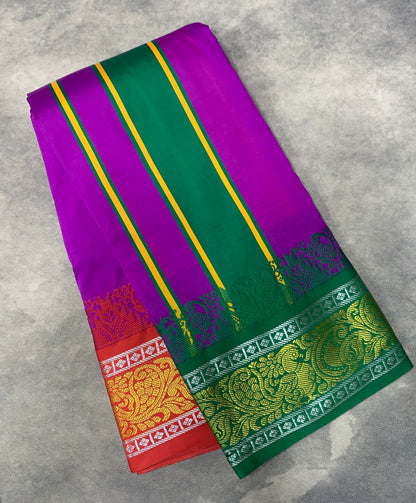 Art Silk Dhothi 9X5 Magenta Colour with Green and Red Colour Ganga Jamuna Border