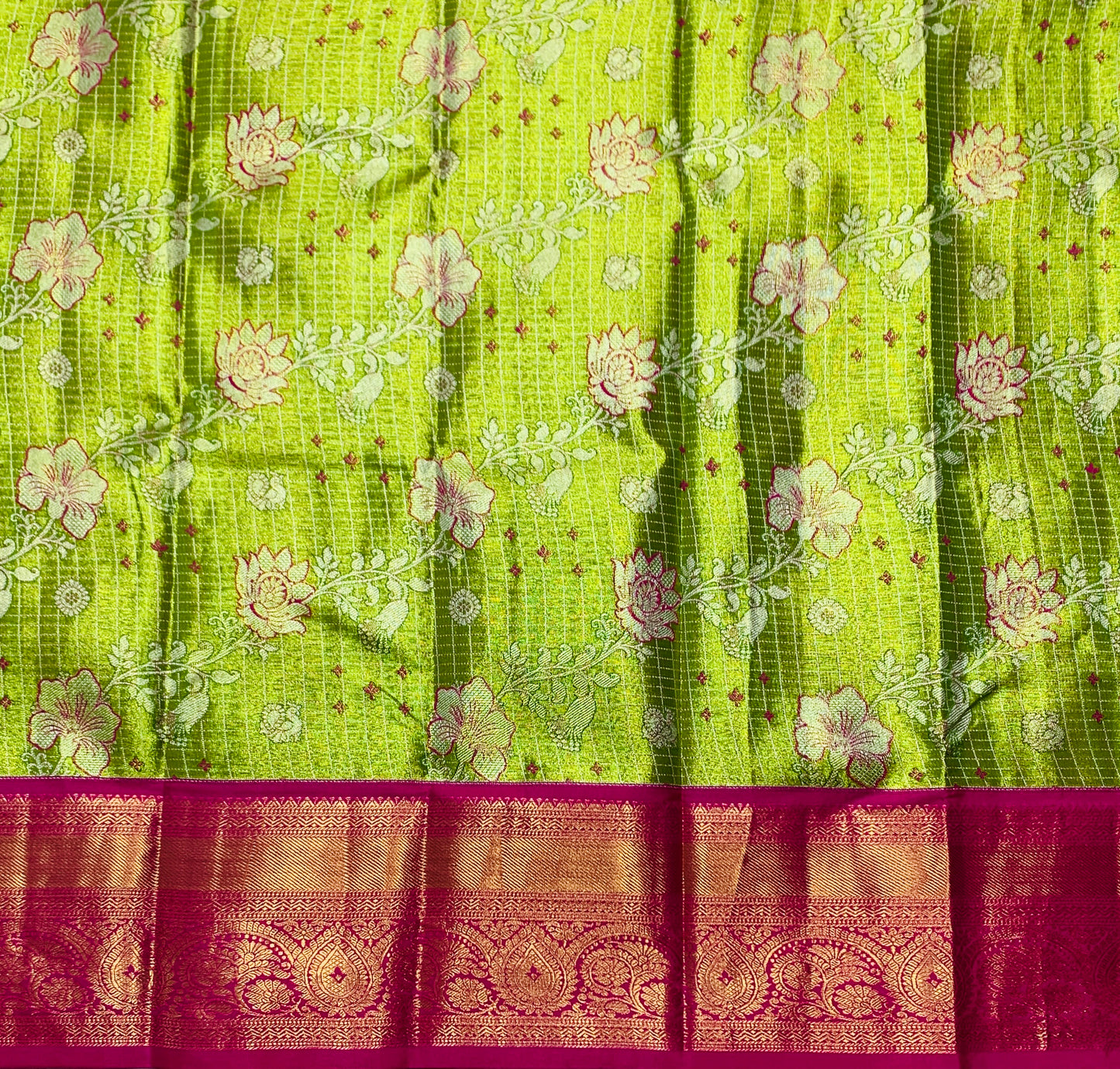 Neon Green Shade Vegan Silk Kids Pattu Pavadai with Contrast border for age 2 to 5