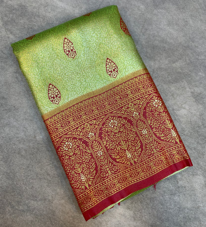 Fancy Tissue Saree Golden Apple Green Colour with Pink Border