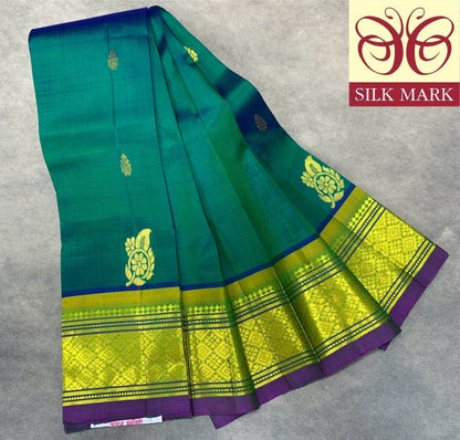 Pure Kanchipuram Silk Saree Green Colour with Purple and Gold Zari Border