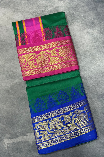 Art Silk Dhothi 9X5 Emerald Green Colour with Pink and Blue Colour Ganga Jamuna Border