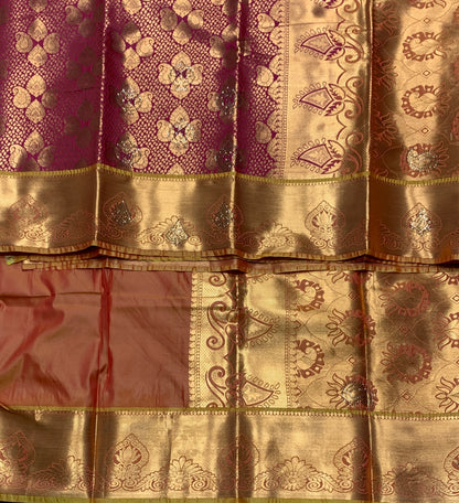 Vegan Silk Saree Maroon Colour with Copper and Golden Yellow Border