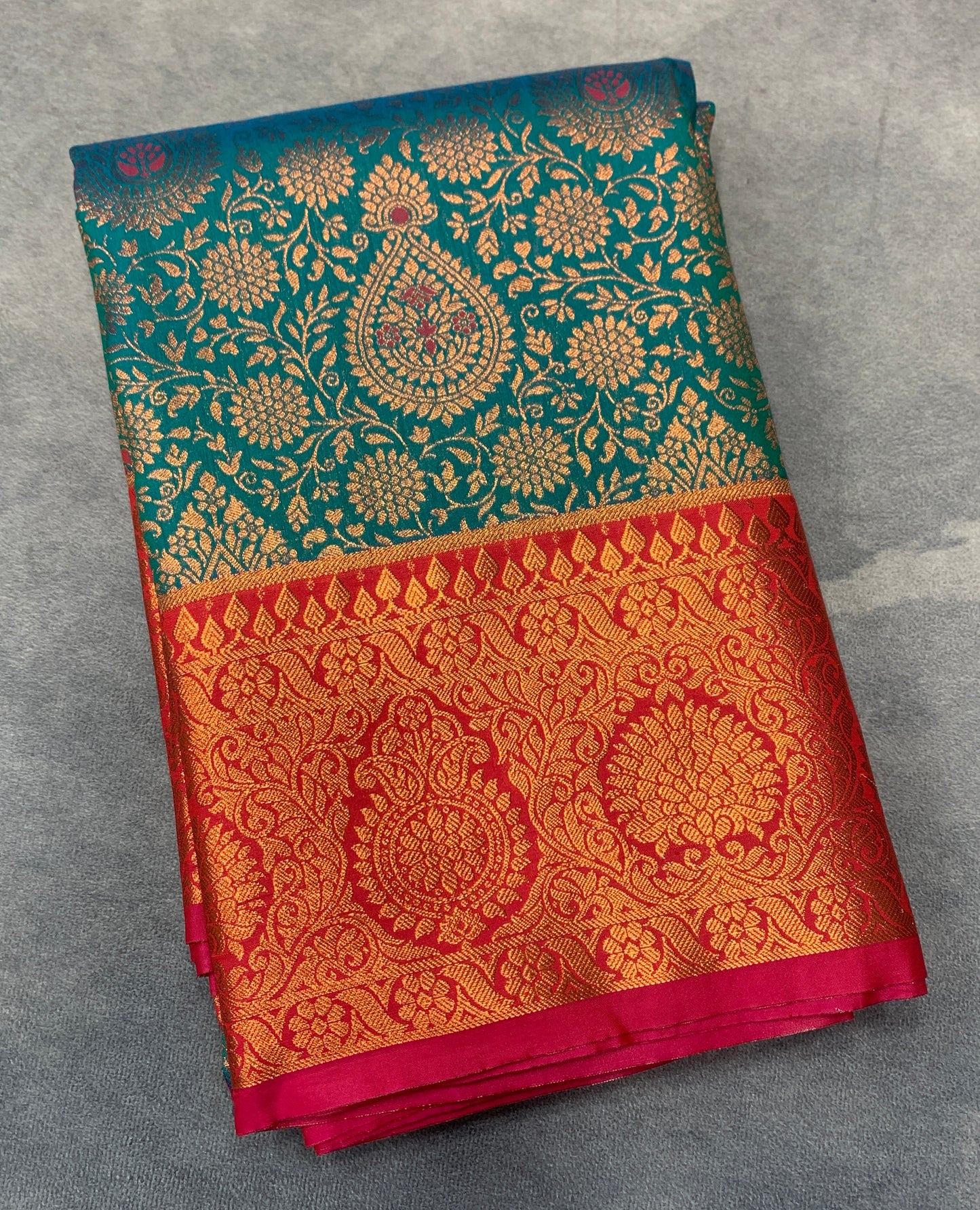 Vegan Silk Saree Peacock Blue Colour with Pink Border