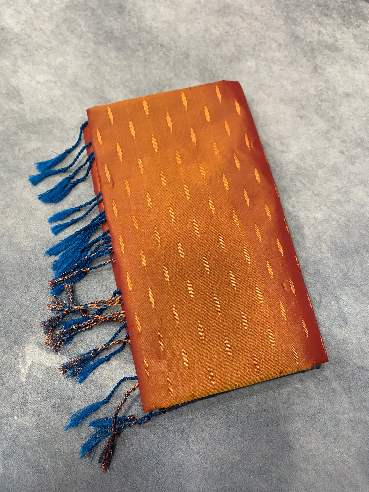 Soft Vegan Silk Saree Russet Colour with Sky Blue and Copper Border