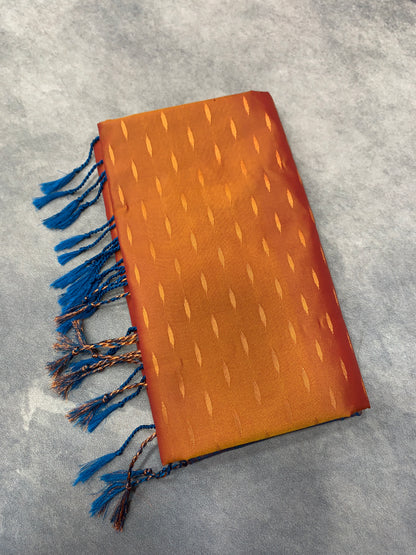 Soft Vegan Silk Saree Russet Colour with Sky Blue and Copper Border