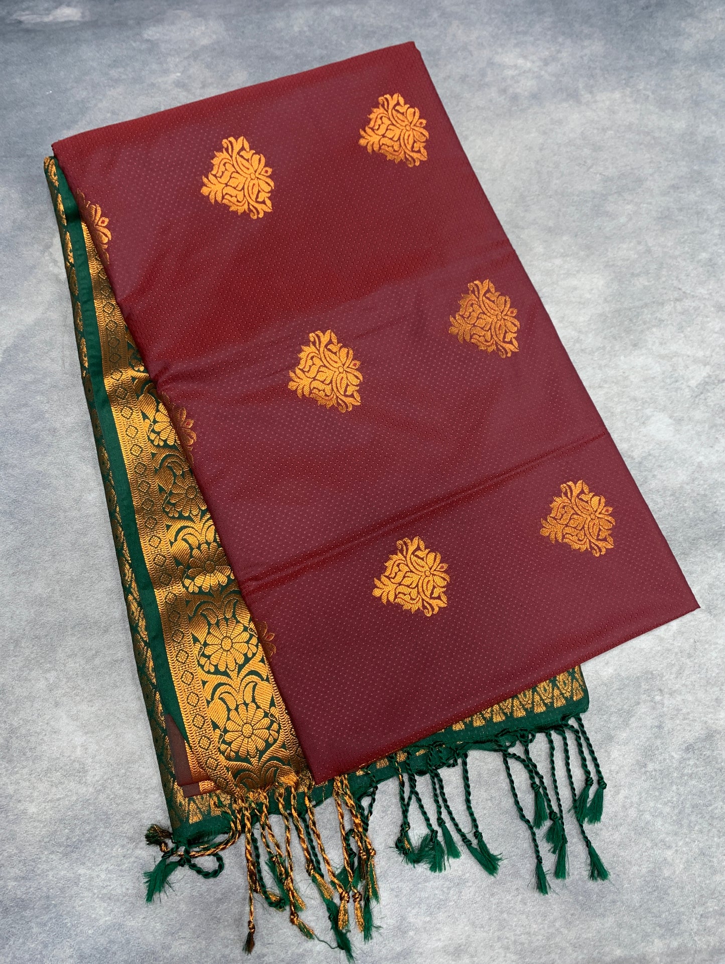 Soft Vegan Silk Saree Maroon Colour with Green and Copper Border